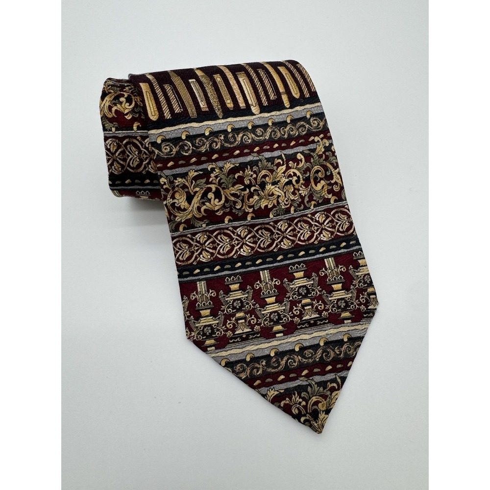 Daniel De Fasson Extra Long Tie Burgundy Gold Baroque Floral Stripe Tie Classic
